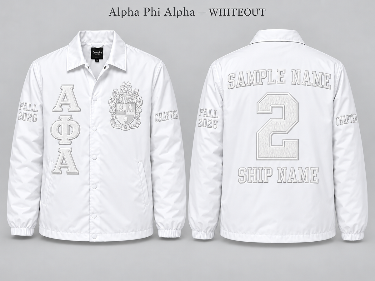 Alpha Phi Alpha whiteout custom embroidered line jacket front and back sample