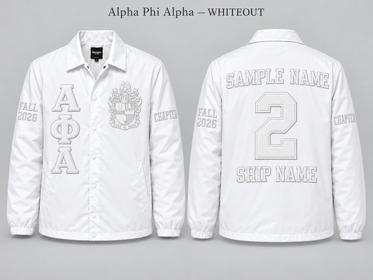 Alpha Phi Alpha whiteout custom embroidered line jacket front and back sample