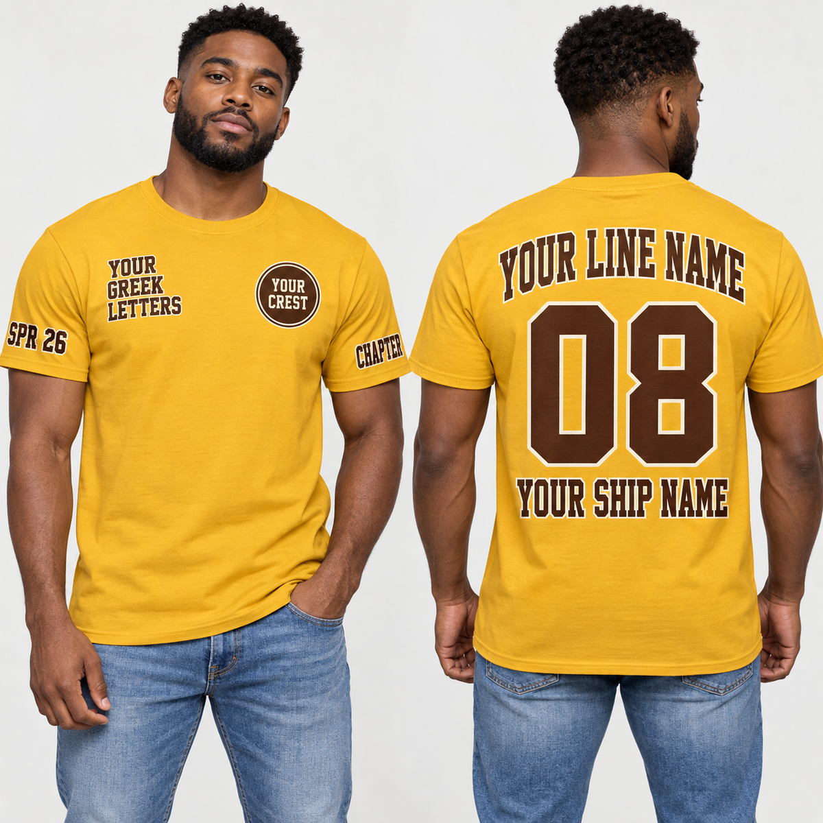 Custom Fraternity Tall Collegiate Gold line name number ship name crossing shirt