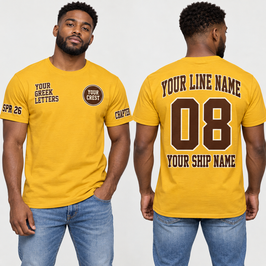 Custom Fraternity Tall Collegiate Gold line name number ship name crossing shirt