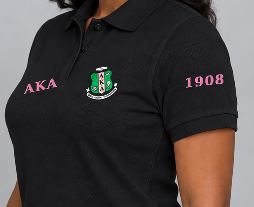 Alpha Kappa Alpha premium embroidered black solid polo on model - founding year sleeve detail