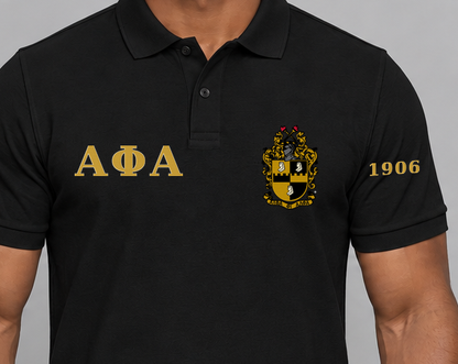 Alpha Phi Alpha premium embroidered black solid polo on model - chest embroidery close-up
