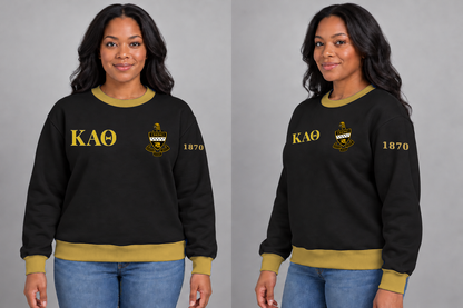 Kappa Alpha Theta premium embroidered black solid contrast trim crewneck sweatshirt on model - front and side