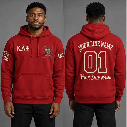 Kappa Alpha Psi Crimson and Cream personalized pullover hoodie on an adult model, original supplied crest and ΚΑΨ letters, sample line name, line number 01, ship name, crossing year and chapter initials.