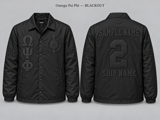 Omega Psi Phi Blackout line jacket with sample front back and sleeve embroidery