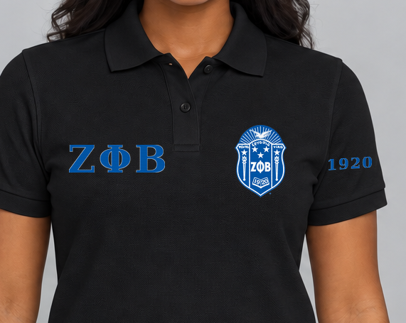 Zeta Phi Beta premium embroidered black polo solid style on model - chest embroidery close-up