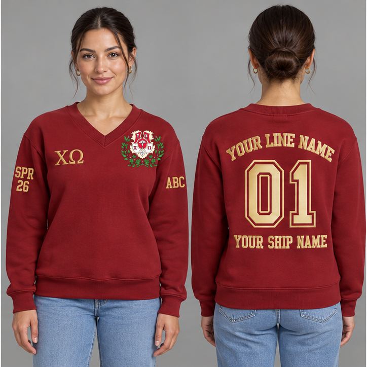 Chi Omega Cardinal V-neck sweatshirt on an adult model with Straw Greek letters ΧΩ, original supplied crest, sample line name, number 01 and ship name, crossing year and chapter initials on sleeves.