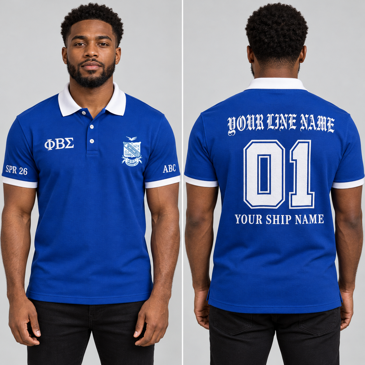 Phi Beta Sigma Royal Blue and White personalized chapter polo on an adult model, supplied original crest and ΦΒΣ letters, sample line name, 01, ship name and sleeve text.