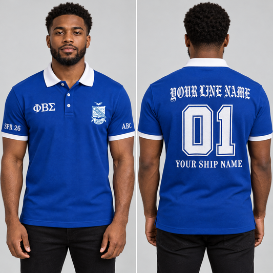 Phi Beta Sigma Royal Blue and White personalized chapter polo on an adult model, supplied original crest and ΦΒΣ letters, sample line name, 01, ship name and sleeve text.