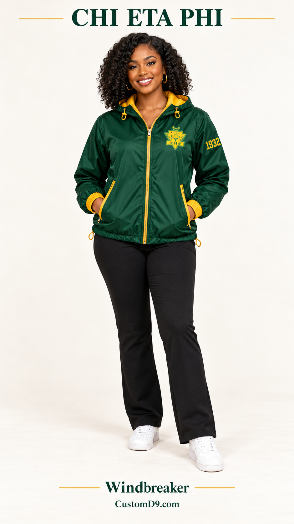 Chi Eta Phi Windbreaker dark green gold shield crest version on model