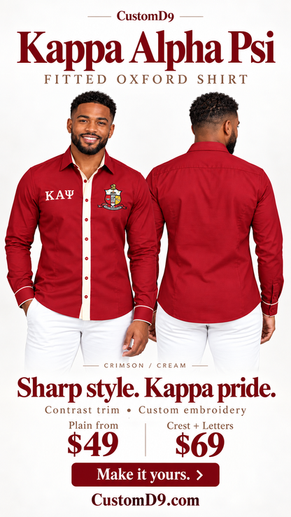 Kappa Alpha Psi crimson and cream fitted embroidered Oxford shirt reel-poster, front and back on male model