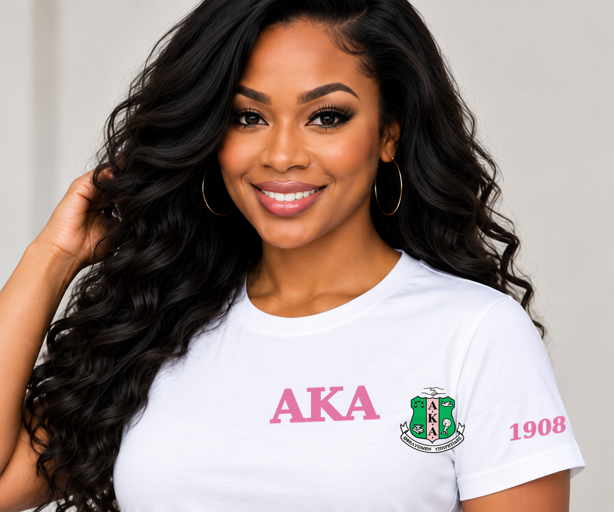 Alpha Kappa Alpha White classic printed T-shirt — model close-up