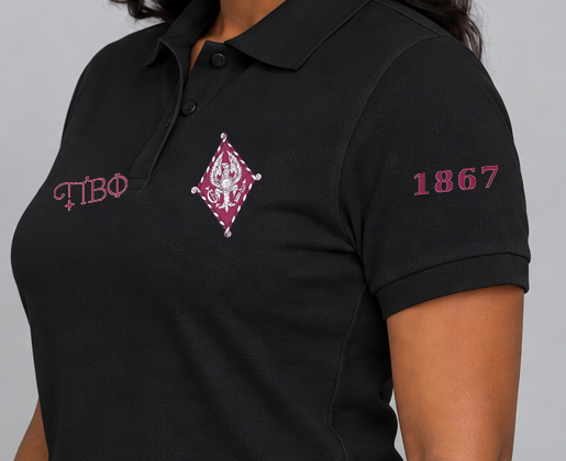 Pi Beta Phi premium embroidered black solid polo on model - founding year sleeve detail