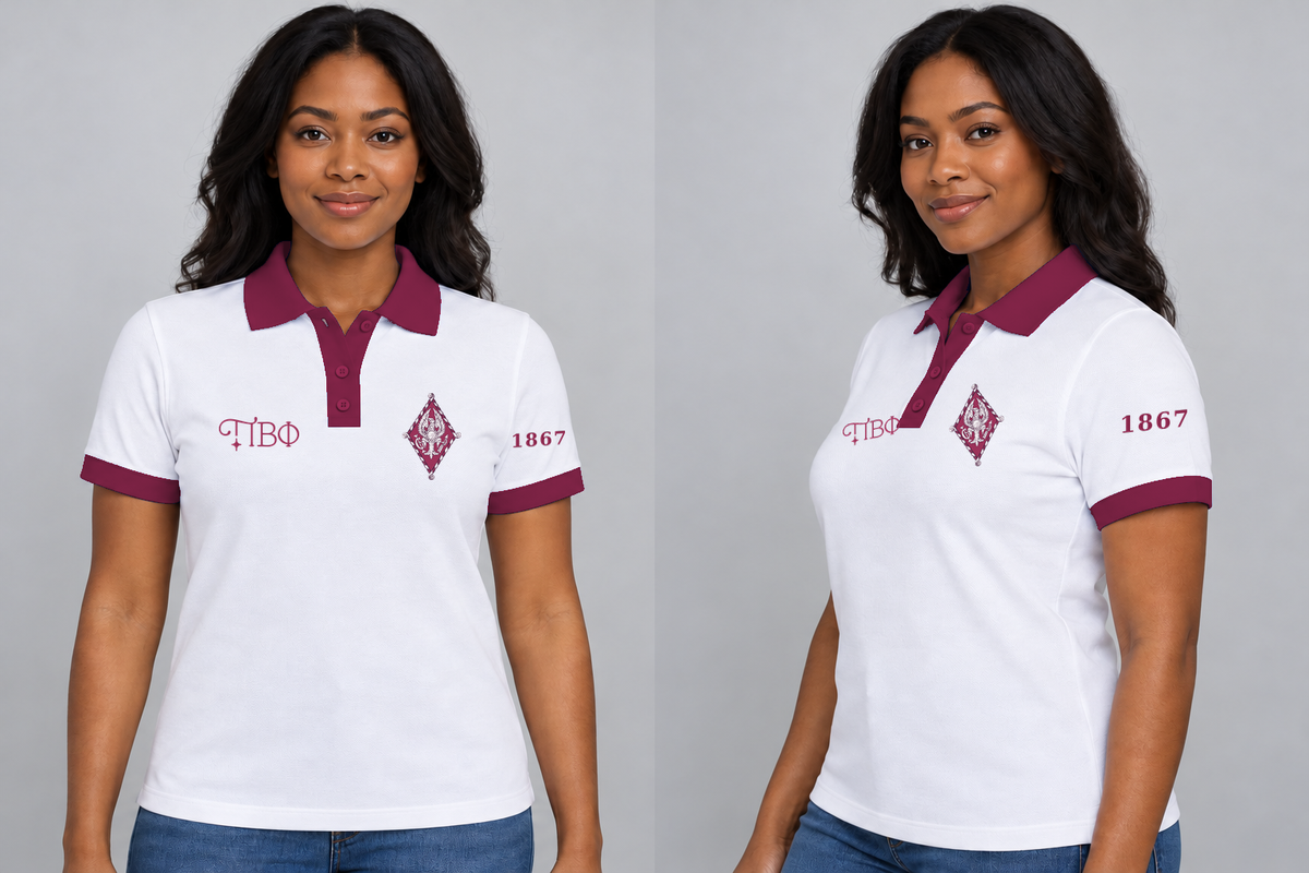 Pi Beta Phi premium embroidered white solid contrast trim polo on model - front and side