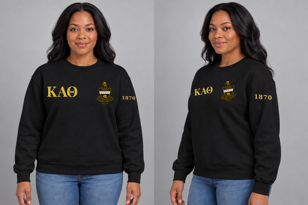 Kappa Alpha Theta premium embroidered black solid crewneck sweatshirt on model - front and side