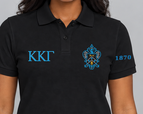 Kappa Kappa Gamma premium embroidered black solid polo on model - chest embroidery close-up