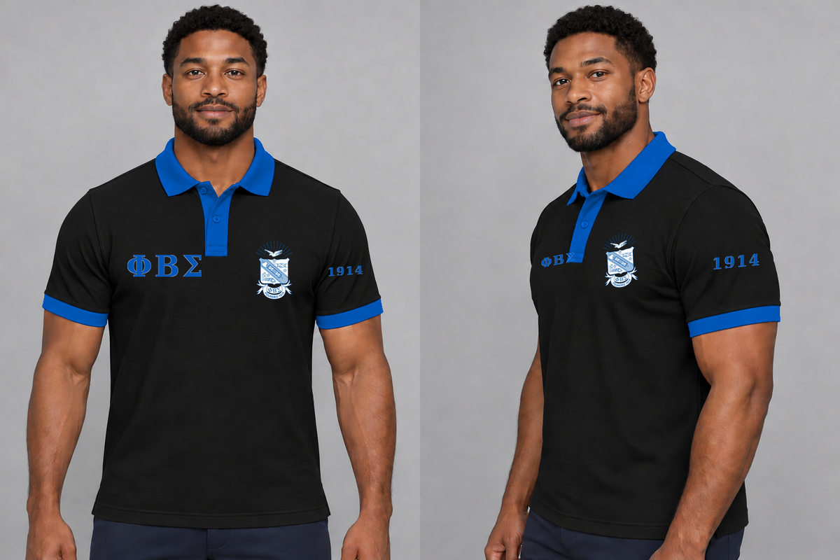 Phi Beta Sigma premium embroidered black solid contrast trim polo on model - front and side