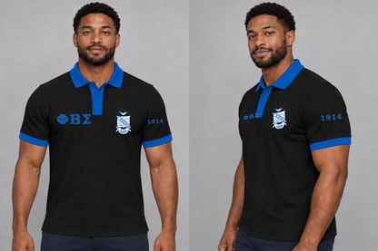 Phi Beta Sigma premium embroidered black solid contrast trim polo on model - front and side
