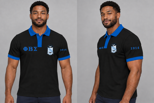 Phi Beta Sigma premium embroidered black solid contrast trim polo on model - front and side