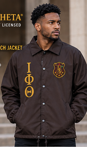 Officially Licensed Iota Phi Theta Charcoal Brown & Gilded Gold Line Jacket – Custom Embroidery on model