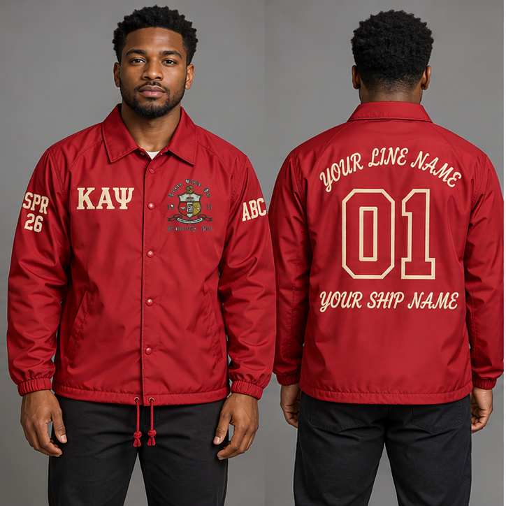 Kappa Alpha Psi Crimson and Cream personalized coach line jacket on an adult model, original supplied crest and ΚΑΨ letters, sample line name, line number 01, ship name, crossing year and chapter initials.
