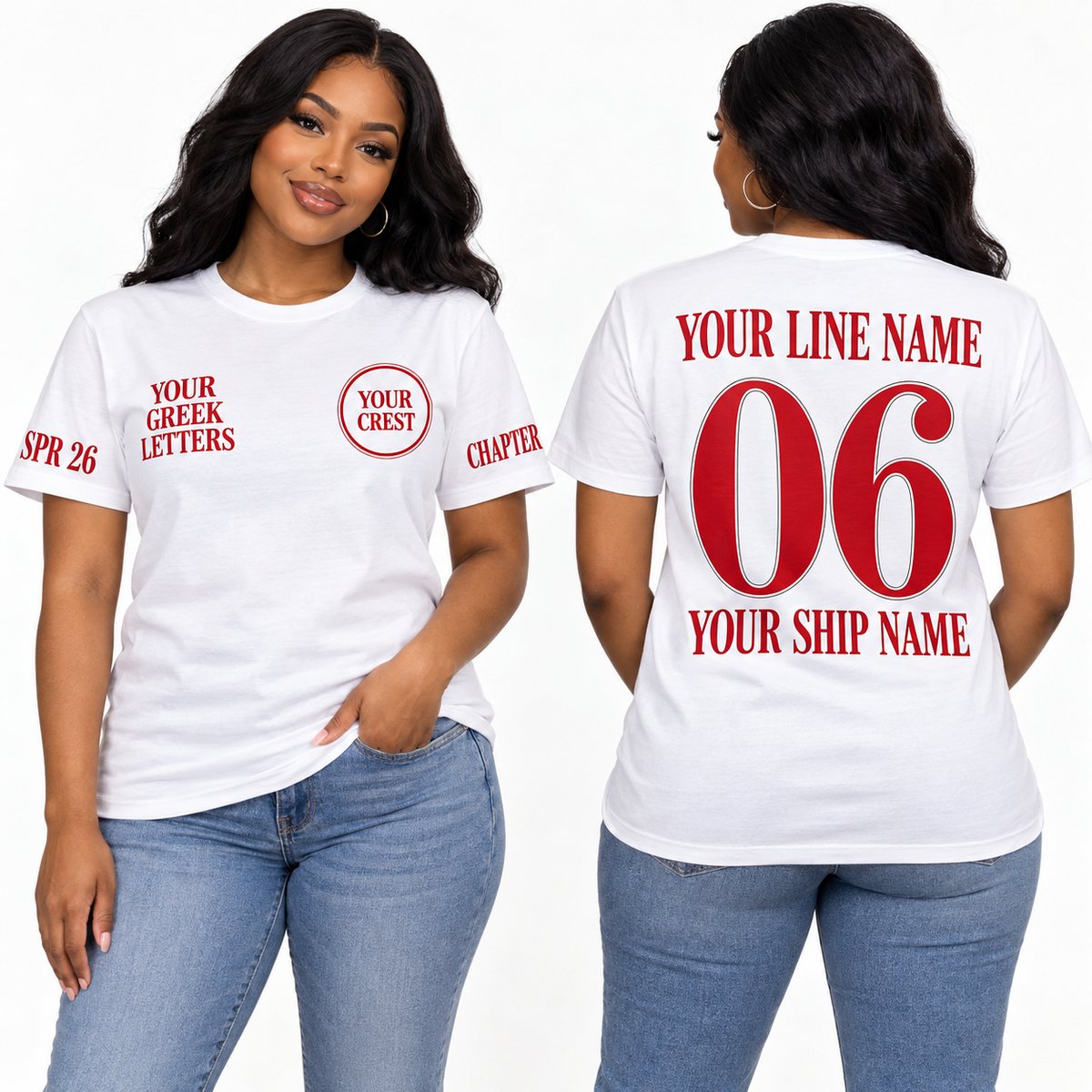 Sorority line shirt Elegant Serif White with line name number ship name chapter and crossing year