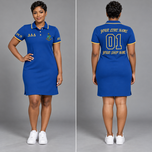 Delta Delta Delta Cerulean Blue and Gold personalized polo dress on an adult model, original supplied crest and ΔΔΔ letters, sample line name, line number 01, ship name, crossing year and chapter initials.