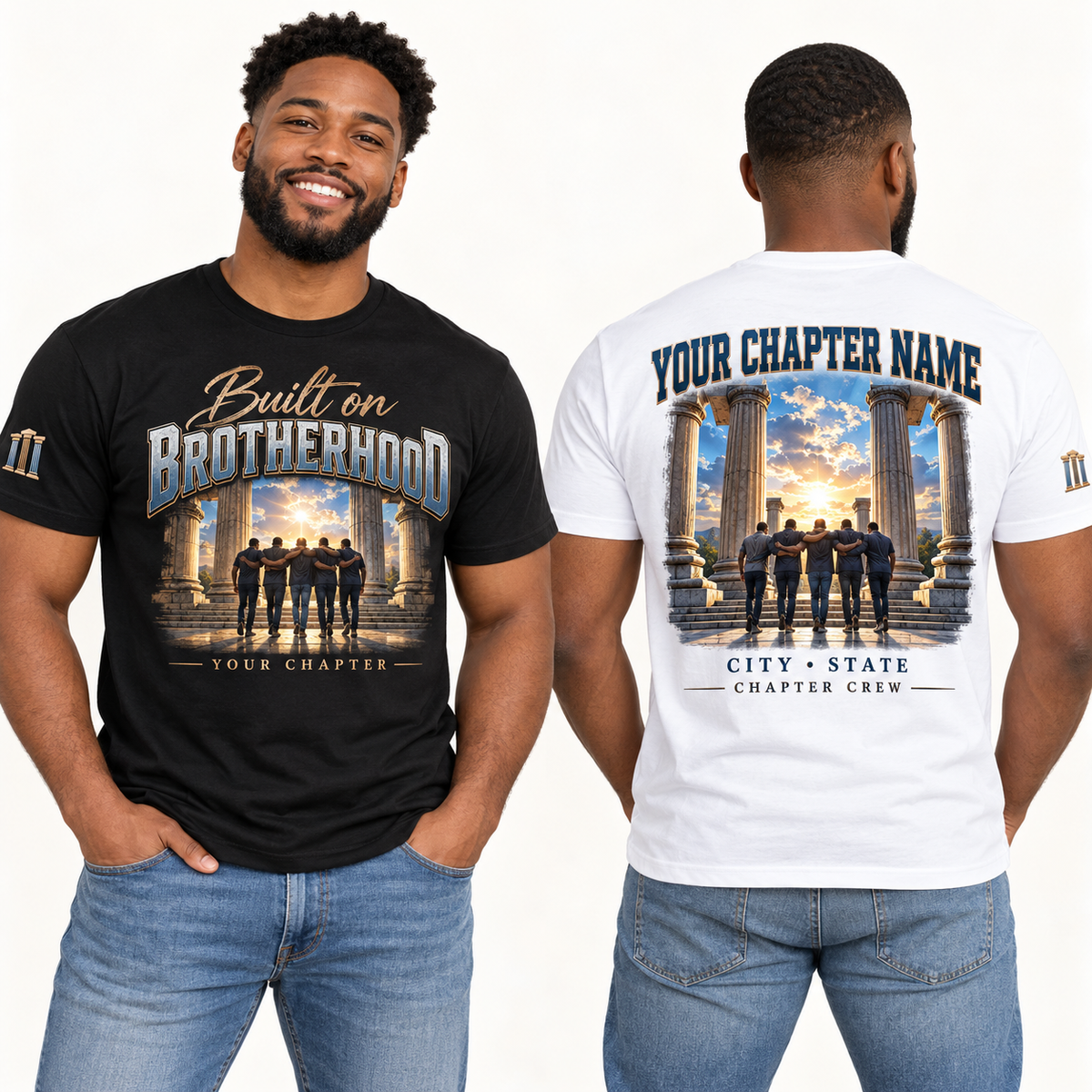 Custom Fraternity Built on Brotherhood chapter group shirt on models
