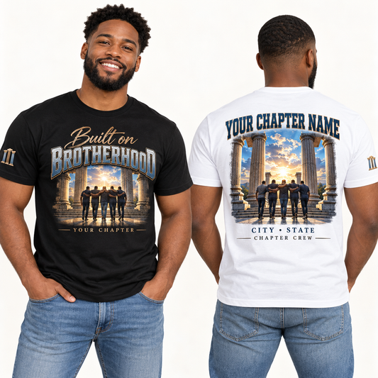 Custom Fraternity Built on Brotherhood chapter group shirt on models