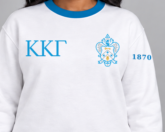 Kappa Kappa Gamma premium embroidered white solid contrast trim crewneck sweatshirt on model - chest embroidery close-up