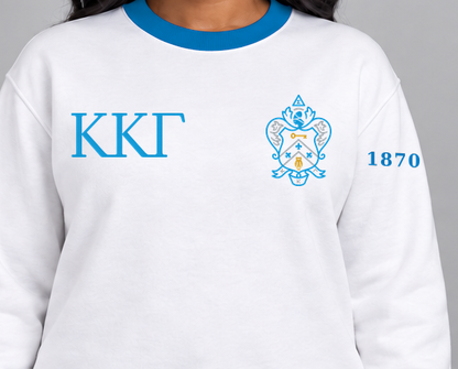 Kappa Kappa Gamma premium embroidered white solid contrast trim crewneck sweatshirt on model - chest embroidery close-up