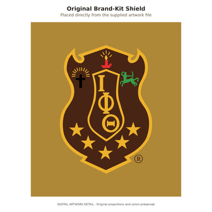 Original Iota Phi Theta brand-kit shield placed directly on a gilded gold background; original red candle, green figure, registered marks and other details are preserved, not recreated by AI