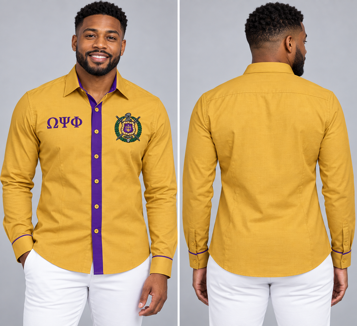 Omega Psi Phi old gold and purple fitted embroidered Oxford shirt product, front and back on male model