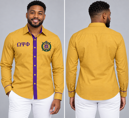 Omega Psi Phi old gold and purple fitted embroidered Oxford shirt product, front and back on male model