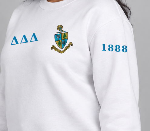 Delta Delta Delta premium embroidered white solid crewneck sweatshirt on model - founding year sleeve detail