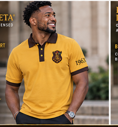 Officially Licensed Iota Phi Theta Gilded Gold & Charcoal Brown Polo – Custom Embroidery on model