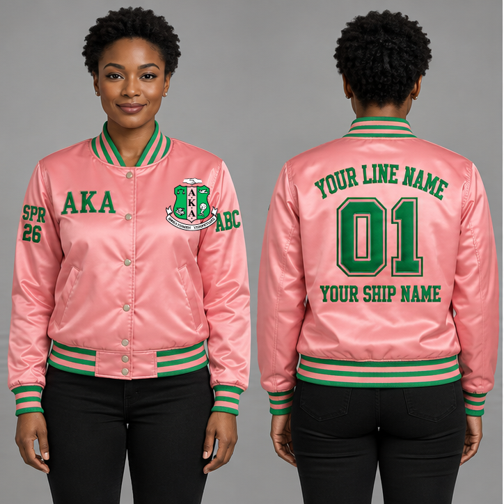 Alpha Kappa Alpha Salmon Pink and Apple Green personalized satin line jacket on an adult model, original supplied crest and ΑΚΑ letters, sample line name, line number 01, ship name, crossing year and chapter initials.