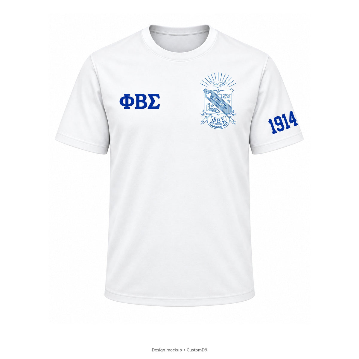 Design mockup: white Phi Beta Sigma crewneck T-shirt with official left-chest shield, small royal blue Greek letters and 1914 on wearer's left sleeve