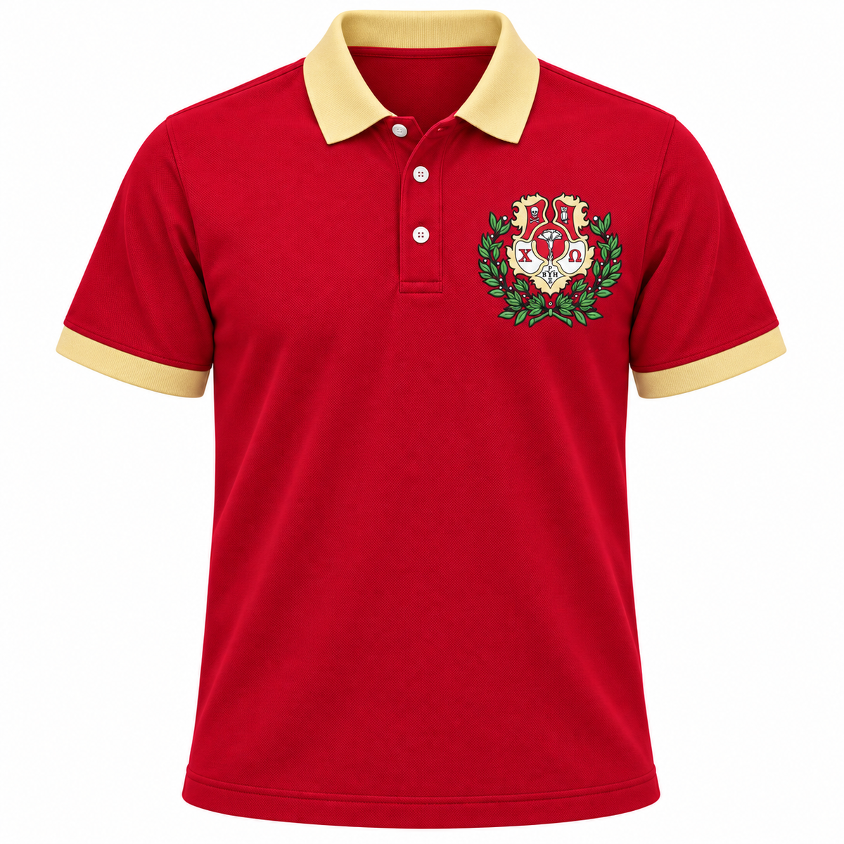 Chi Omega Crest Embroidered Polo Shirt, Cardinal & Straw Contrast
