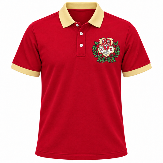Chi Omega Crest Embroidered Polo Shirt, Cardinal & Straw Contrast