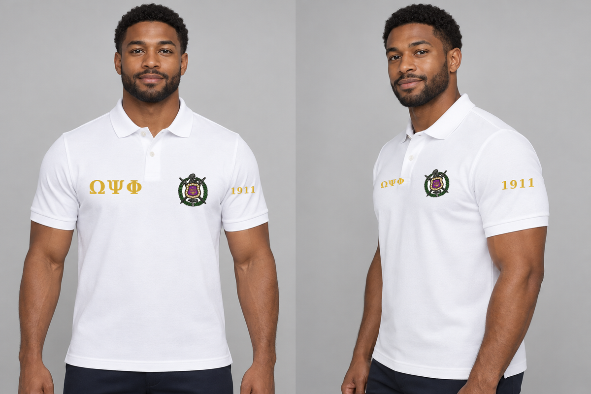 Omega Psi Phi premium embroidered white solid polo on model - front and side