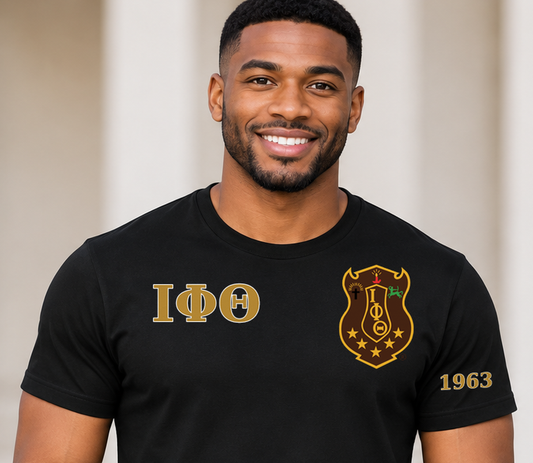 Iota Phi Theta Black classic printed T-shirt — model close-up