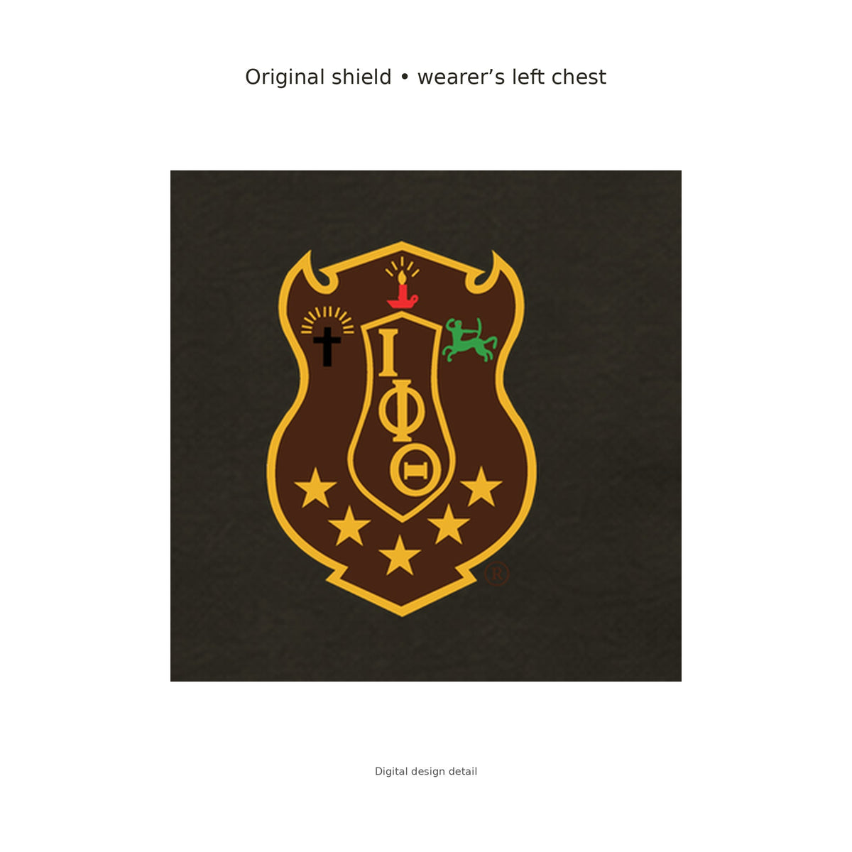 Digital design detail: the exact original Iota Phi Theta brand-kit shield, with its original colors, placed on the charcoal brown T-shirt
