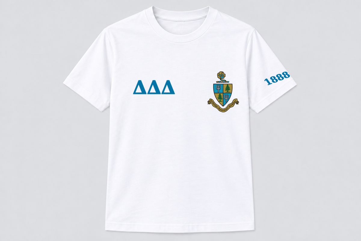 Delta Delta Delta White classic printed T-shirt — shirt-only mockup