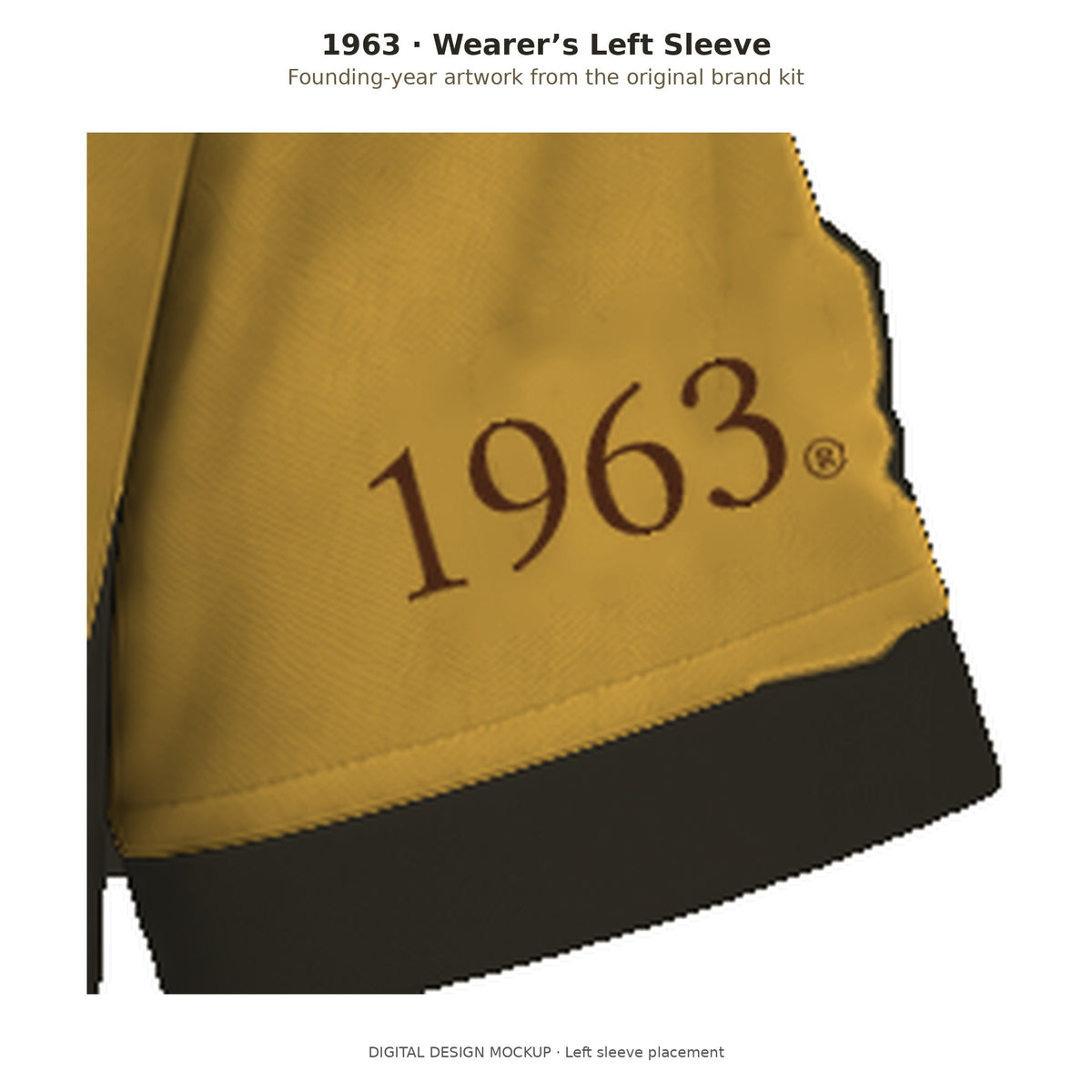 Digital mockup detail of original brown 1963 artwork placed on the wearer's left sleeve of the gilded gold Iota Phi Theta panel polo