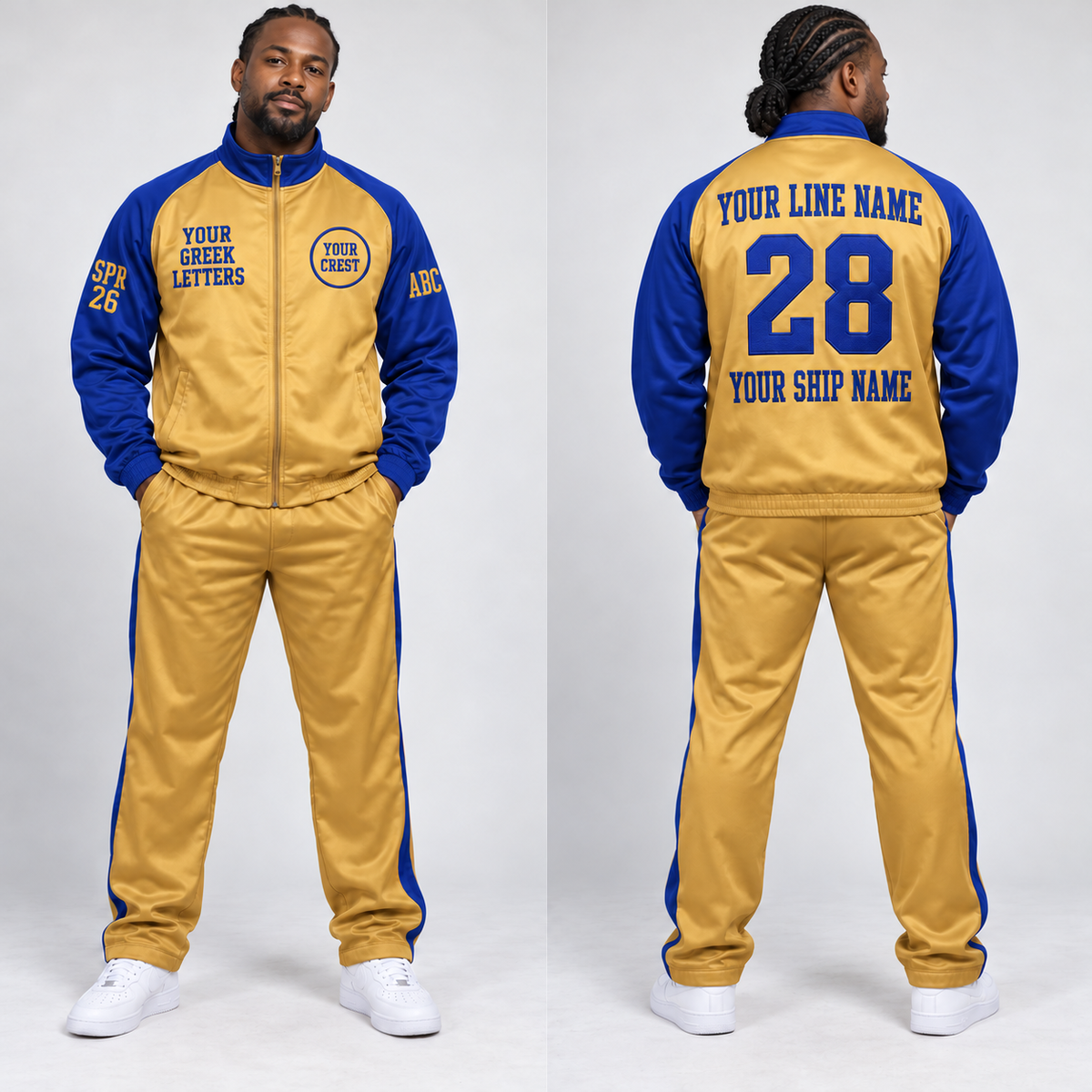 Track Suit Gold Royal Blue embroidered line name number ship name front back and sleeves on model