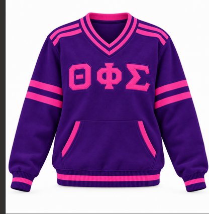 Purple long sleeve V-neck with pink trim