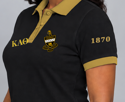 Kappa Alpha Theta premium embroidered black solid contrast trim polo on model - founding year sleeve detail