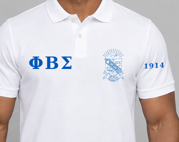 Phi Beta Sigma premium embroidered white solid polo on model - chest embroidery close-up