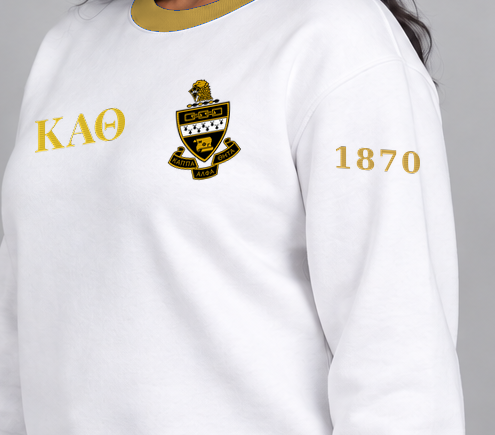 Kappa Alpha Theta premium embroidered white solid contrast trim crewneck sweatshirt on model - founding year sleeve detail